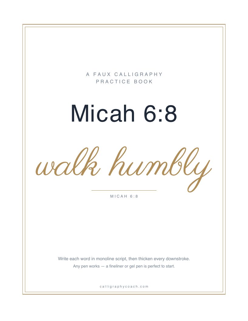 Cover of Micah 6:8: the title in navy over the phrase “walk humbly” in gold script, inside a thin gold border.