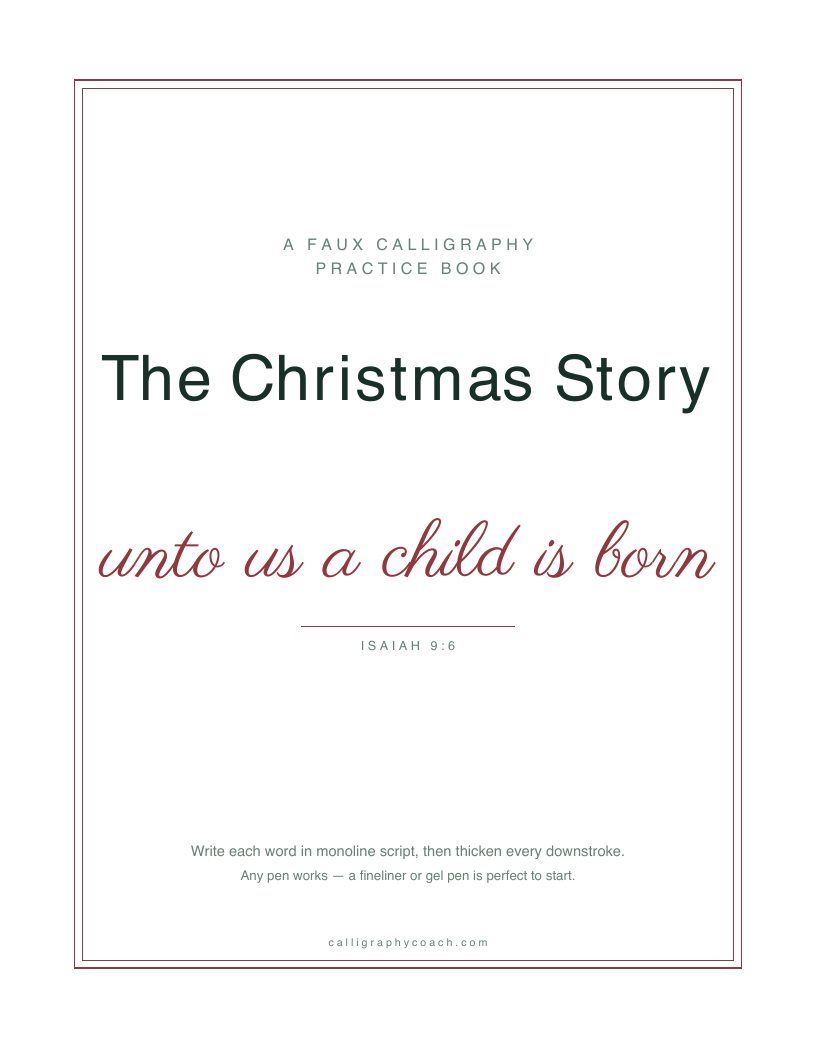 Cover of The Christmas Story: the title in navy over the phrase “unto us a child is born” in gold script, inside a thin gold border.